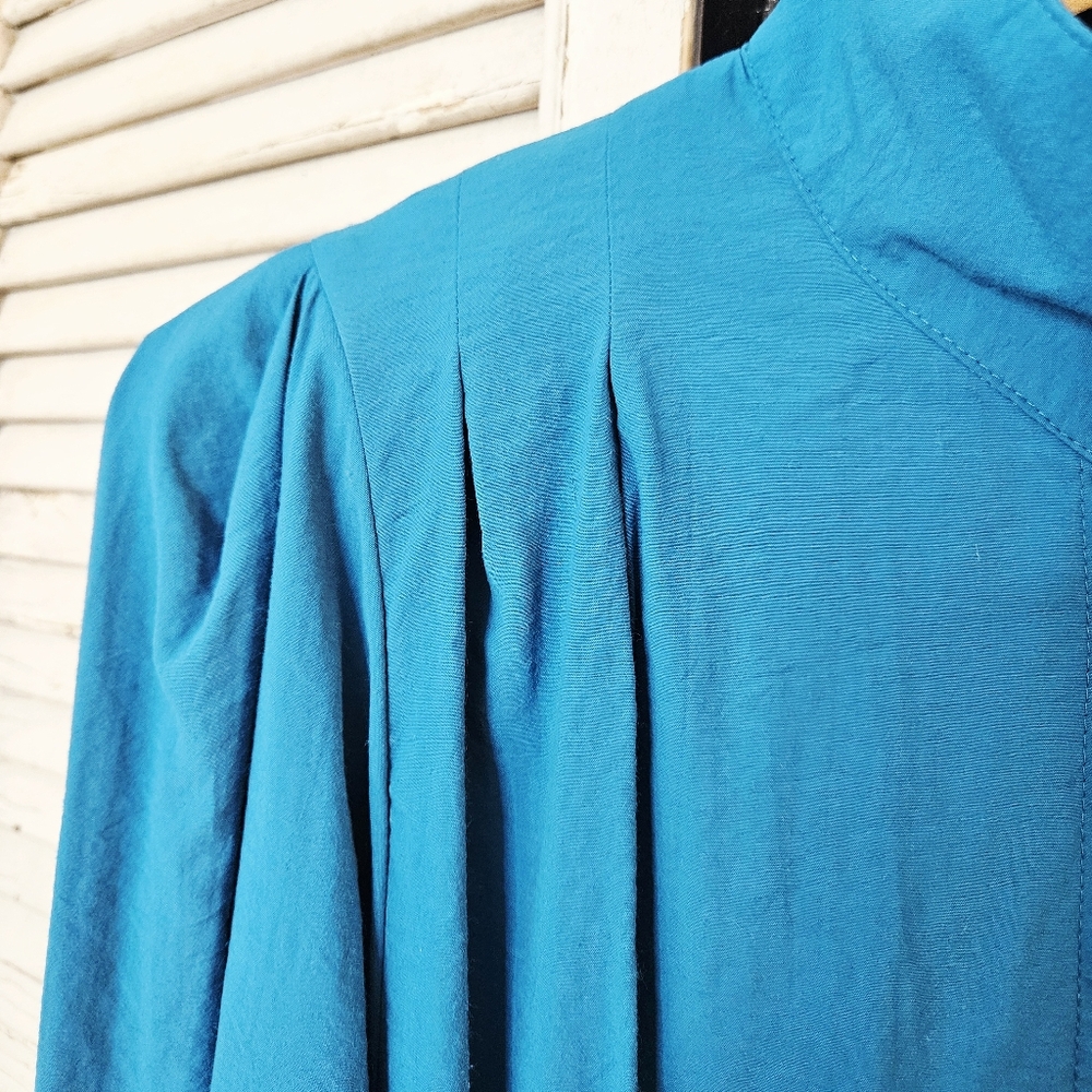 Vintage 80s Teal Blue High Neck Blouse With Gathered Shoulders Small/Medium - Picture 3 of 11
